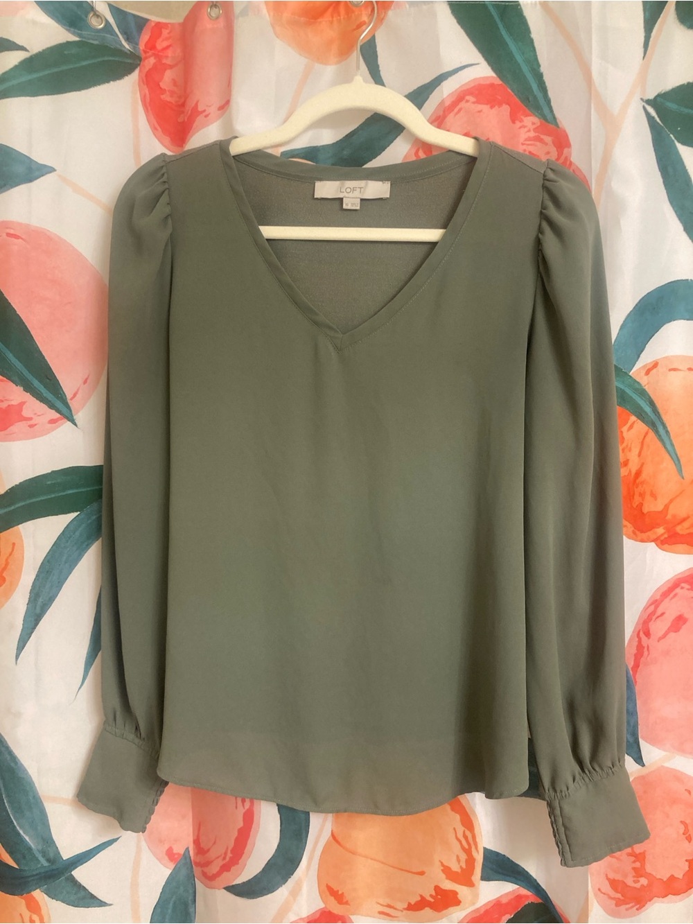 LOFT Olive V-Neck Long Sleeve Blouse